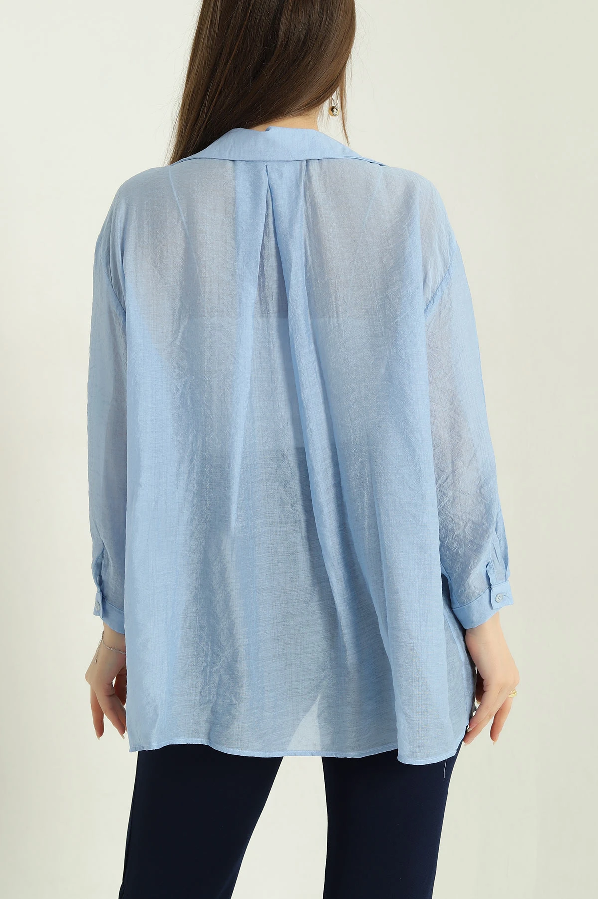 Mavi Tek Cep Oversize Dokuma Bayan Gömlek 336957