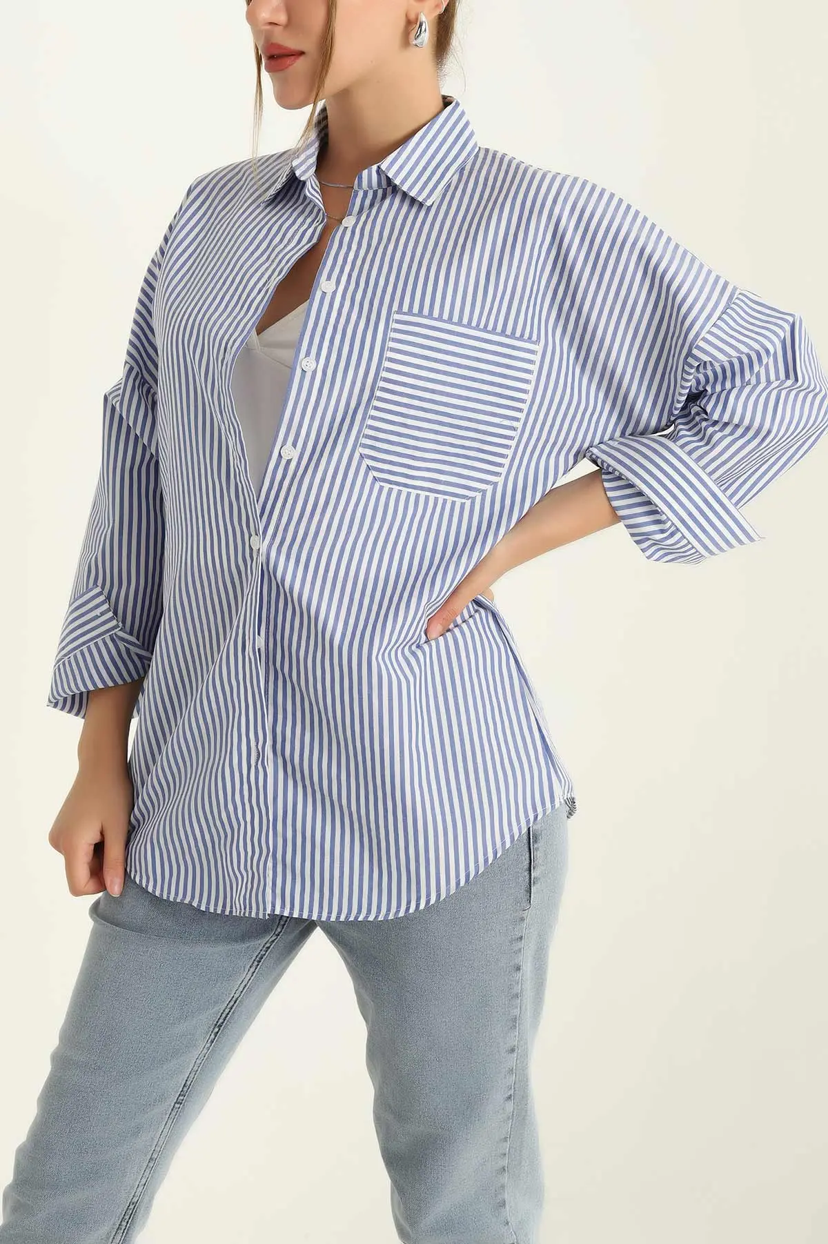 Mavi Tek Cep Oversize Tunik Gömlek 286278