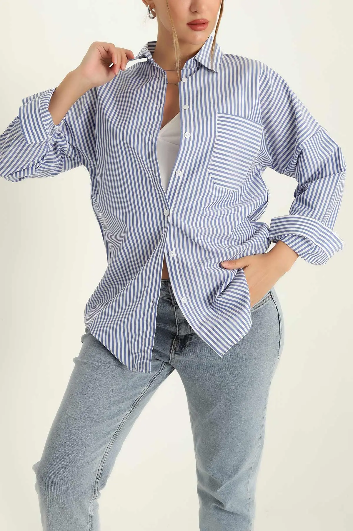 Mavi Tek Cep Oversize Tunik Gömlek 286278