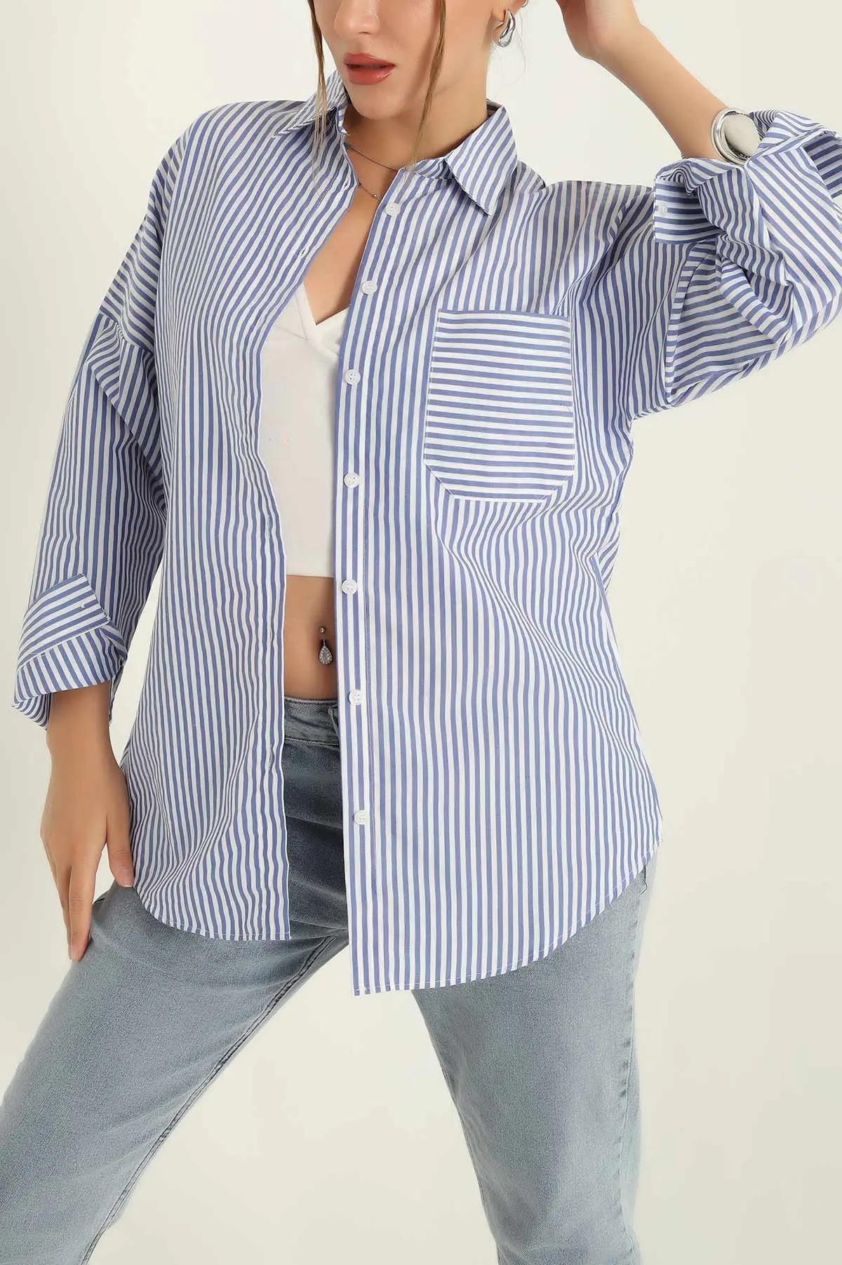 Mavi Tek Cep Oversize Tunik Gömlek 286278
