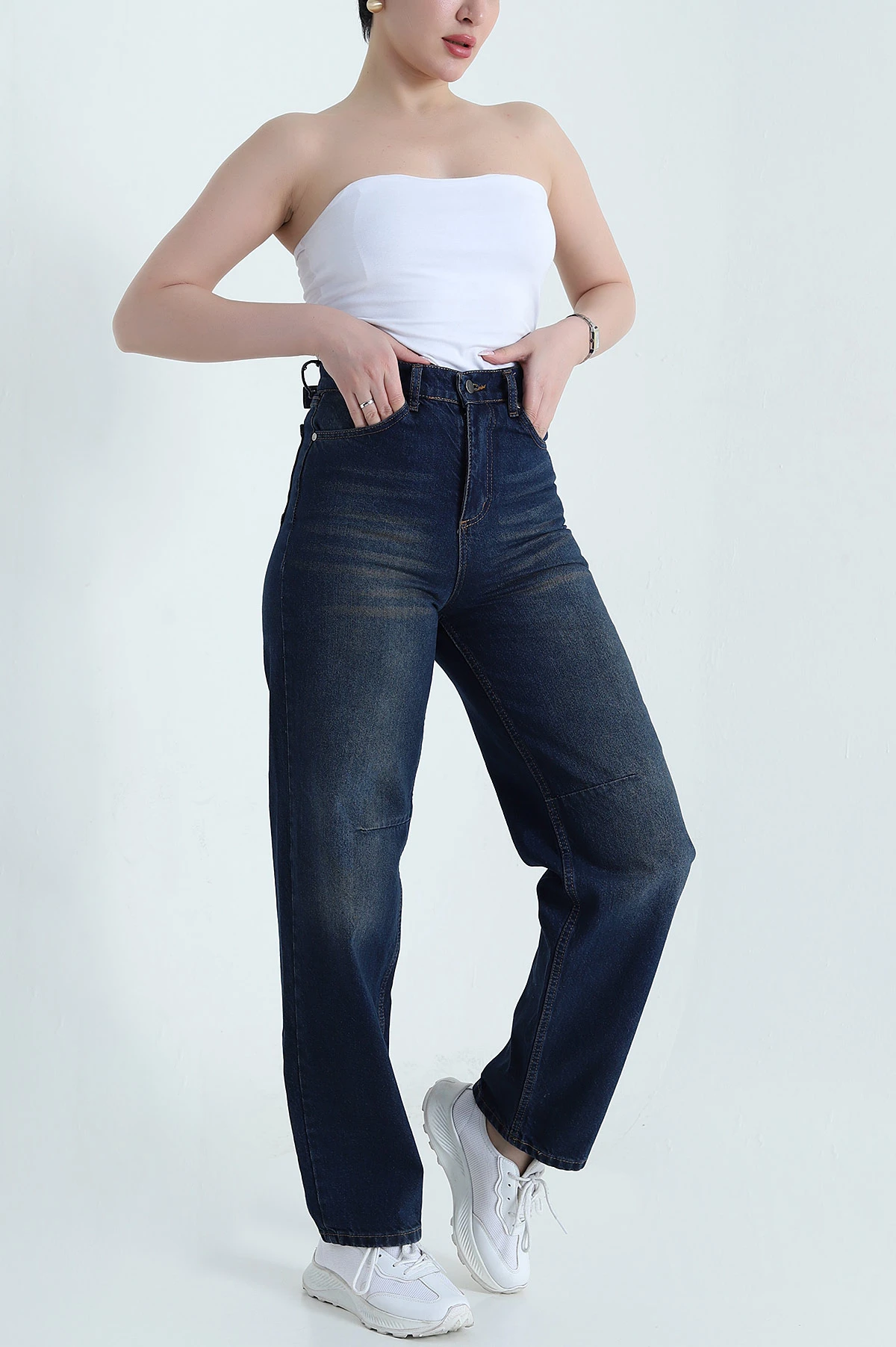 Mavi Tek Tokalı Baggy Kadın Kot Pantolon 457336