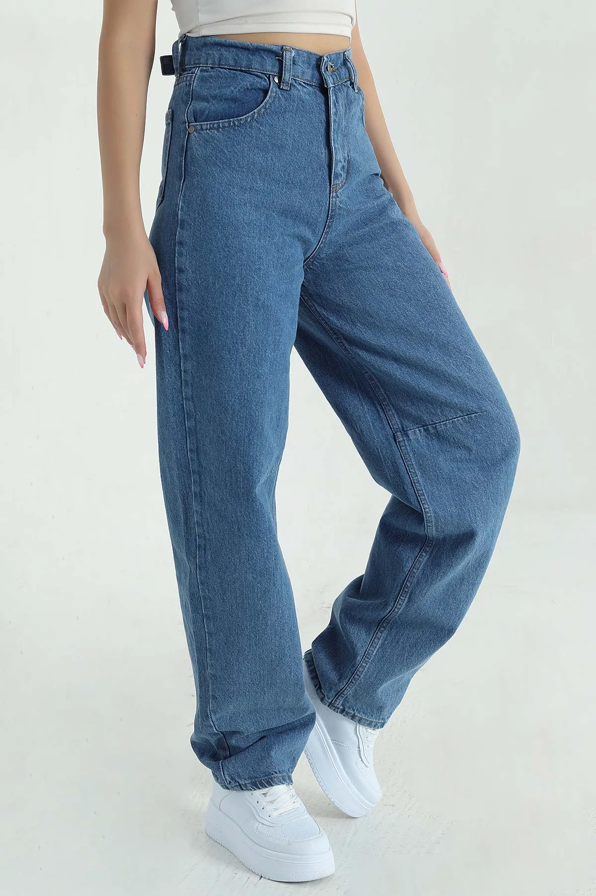 Mavi Tokalı Cepli Baggy Kadın Kot Pantolon 375576
