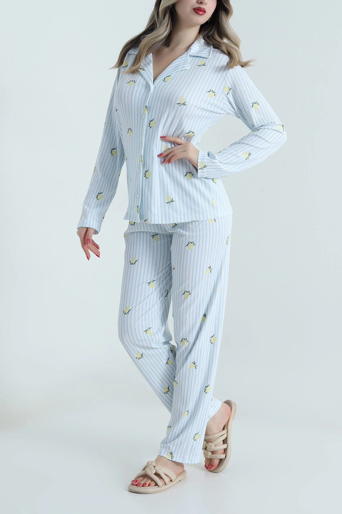 Mavi Uzun Kol Düğmeli Pegasus Kadın Pijama Takımı 499819