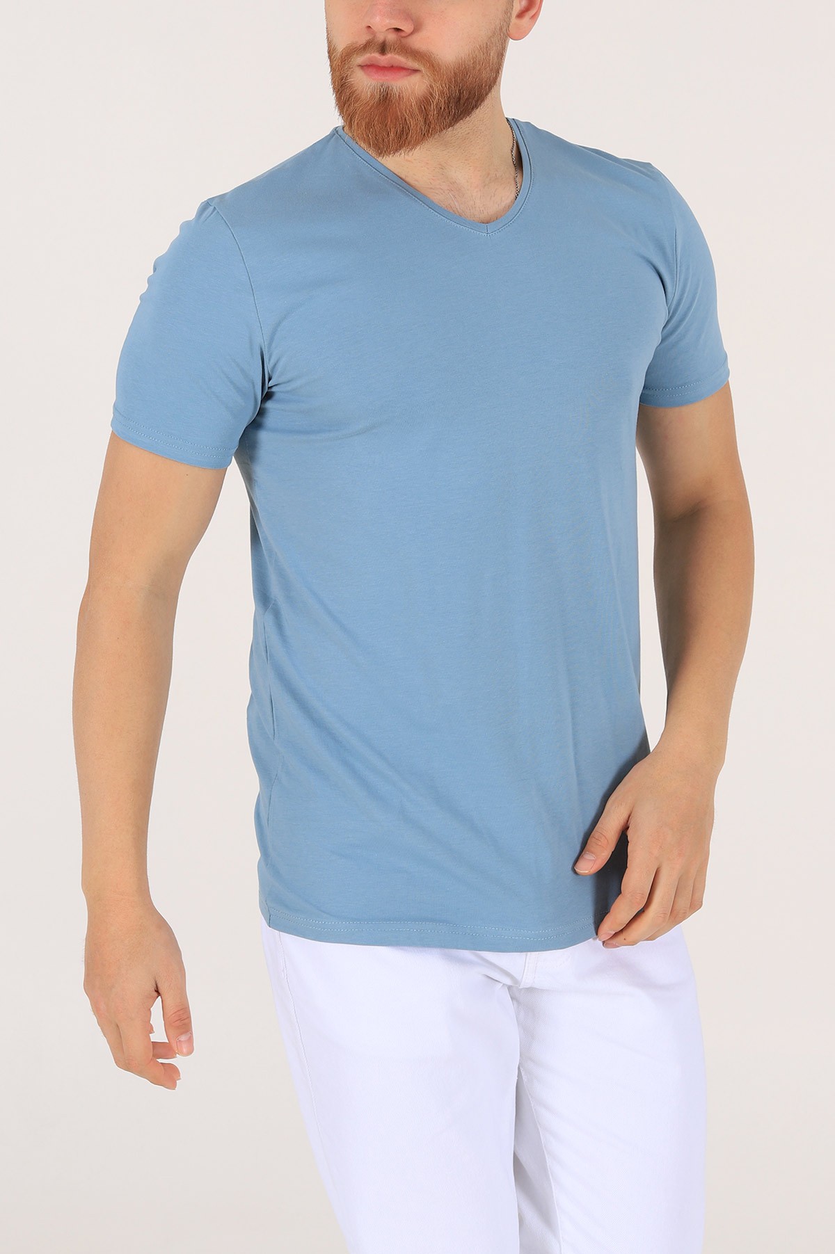 Mavi V Yaka Basic Erkek Tişört 172975