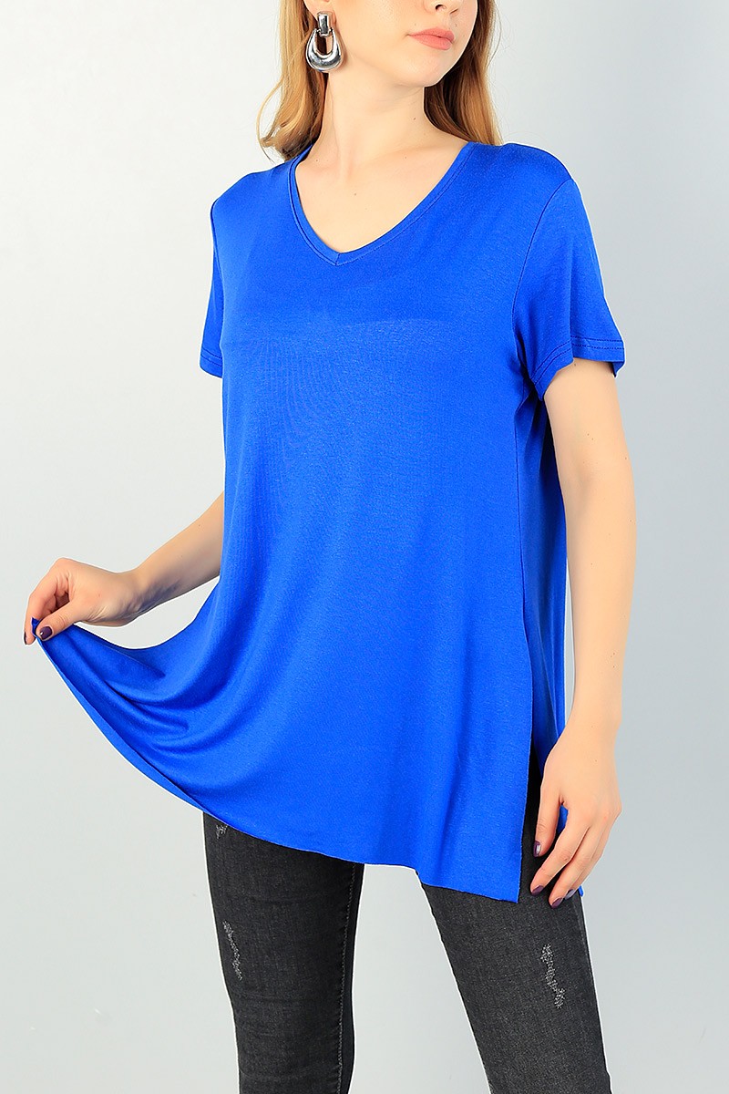 Mavi V Yaka Yırtmaçlı Bayan Tişört 71099