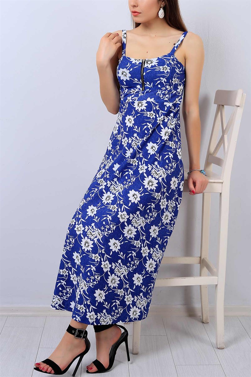 Mavi Yaka Fermuarlı Askılıi Bayan Elbise 14563B