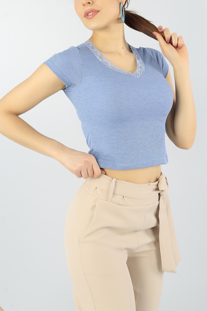 Mavi Yakası Dantelli Bayan Likralı Crop 56780