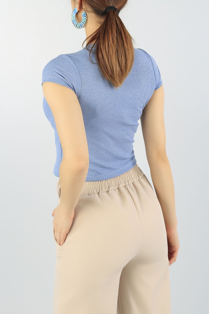 Mavi Yakası Dantelli Bayan Likralı Crop 56780