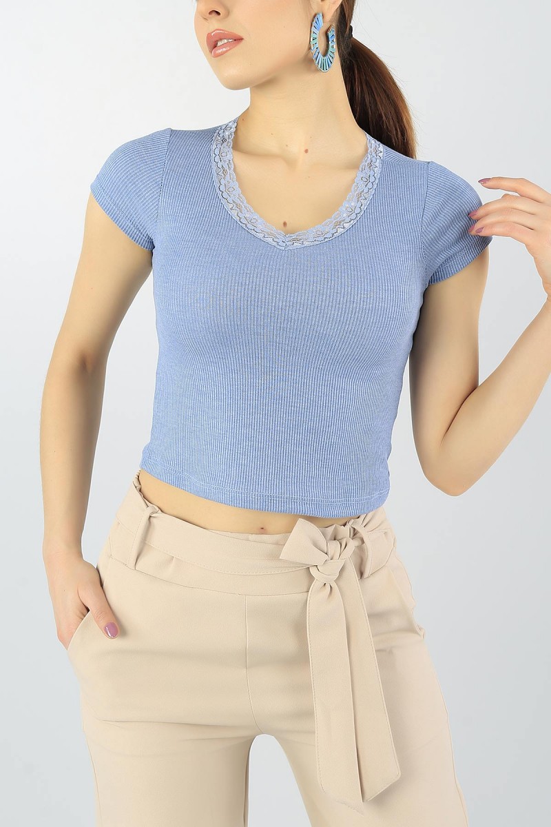 Mavi Yakası Dantelli Bayan Likralı Crop 56780