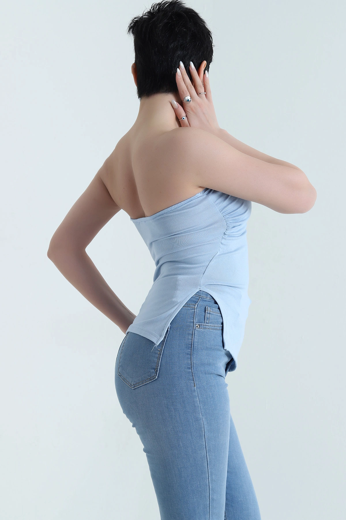 Mavi Yanı Yırtmaçlı Buzzy Kadın Straplez Bluz 448363