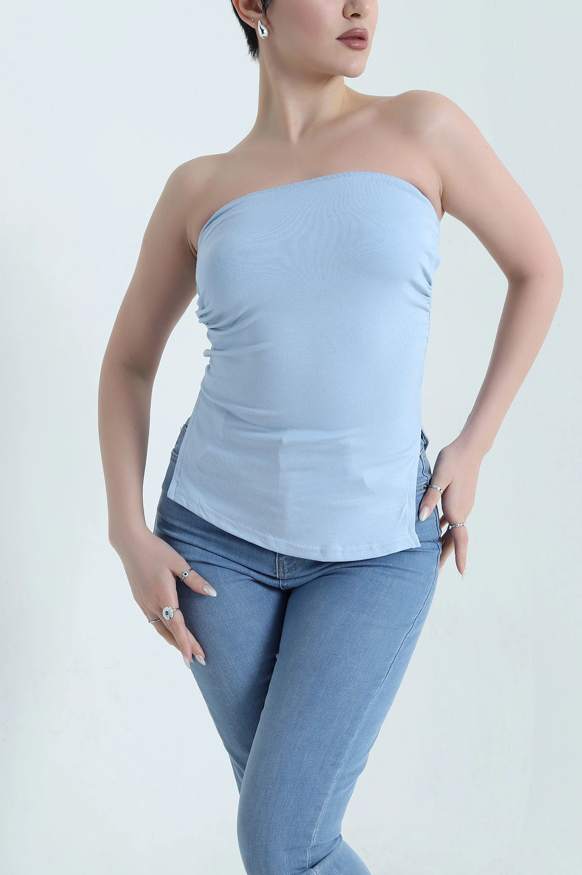 Mavi Yanı Yırtmaçlı Buzzy Kadın Straplez Bluz 448363