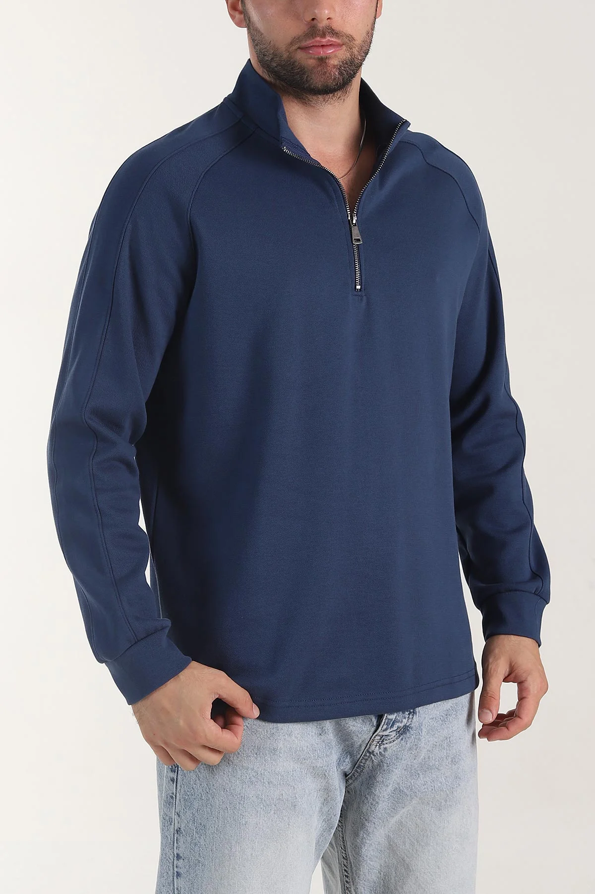 Mavi Yarım Fermuarlı Dik Yaka Erkek Sweatshirt 404802