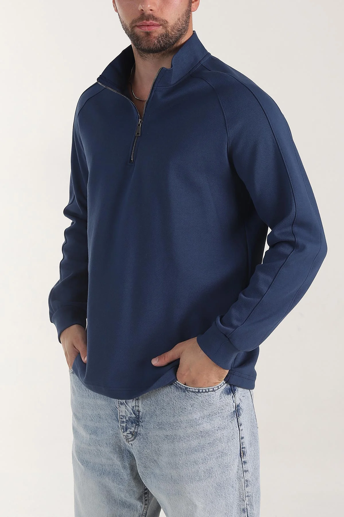 Mavi Yarım Fermuarlı Dik Yaka Erkek Sweatshirt 404802