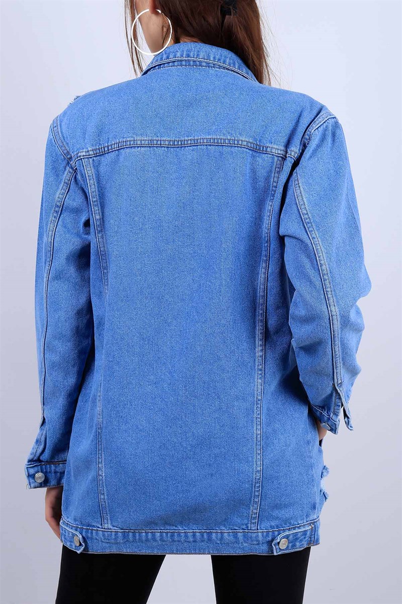 Mavi Yırtık Bayan Boy Friend Kot Ceket 11659B