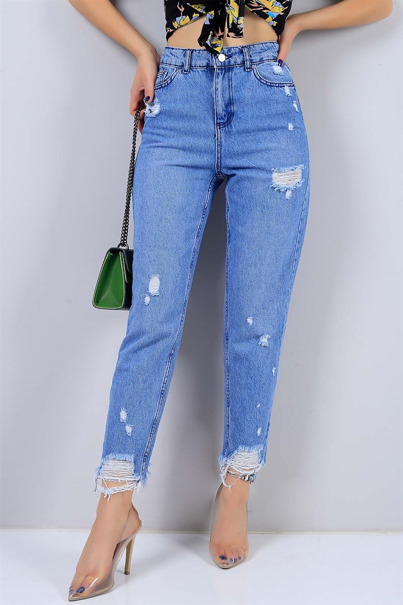 Mavi Yırtık Bayan Mom Kot Pantolon 15256B