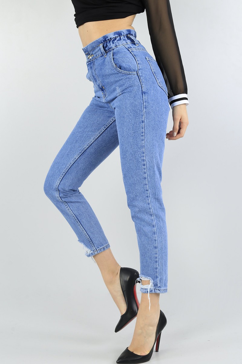 Mavi Yırtık Mom Bayan Kot Pantolon 56481