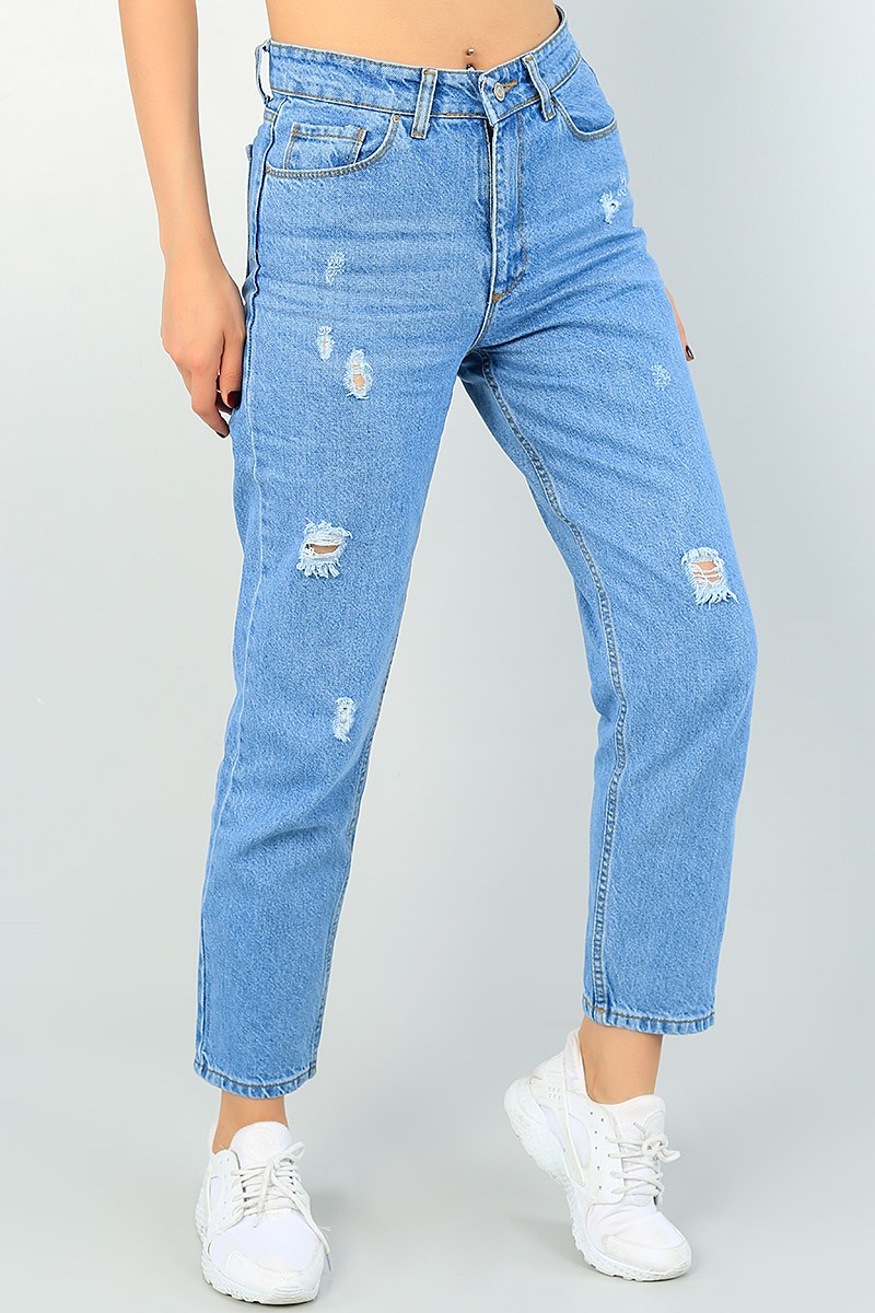 Mavi Yırtık Mom Bayan Kot Pantolon 68608