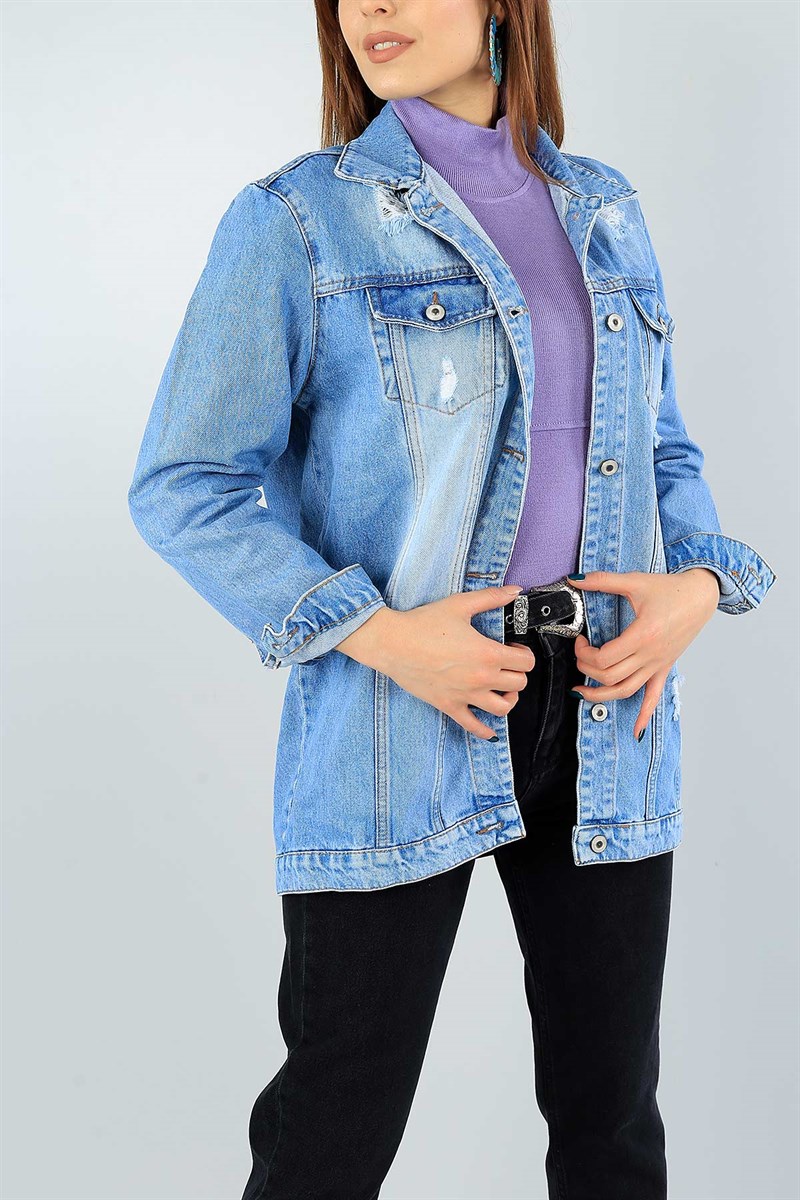 Mavi Yırtık Tasarımlı Bayan Kot Ceket 46529
