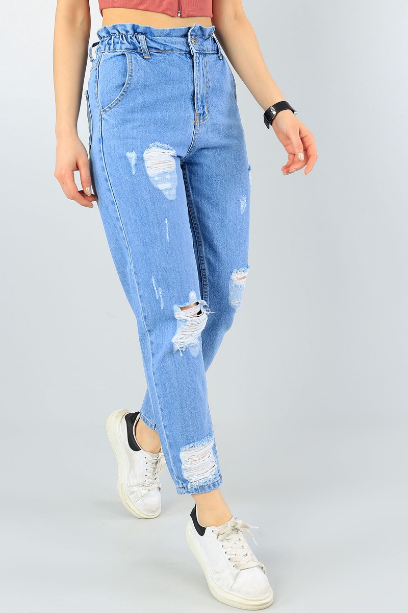 Mavi Yırtık Tasarımlı Mom Bayan Kot Pantolon 58380