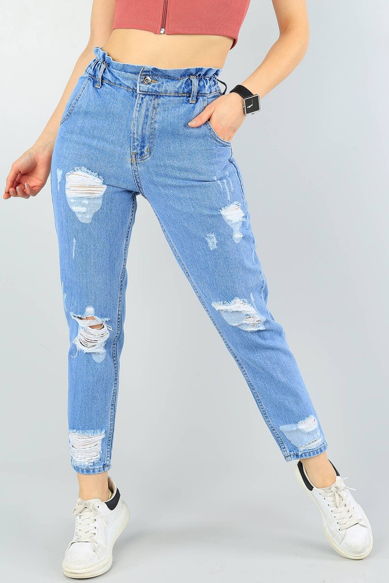 Mavi Yırtık Tasarımlı Mom Bayan Kot Pantolon 58380
