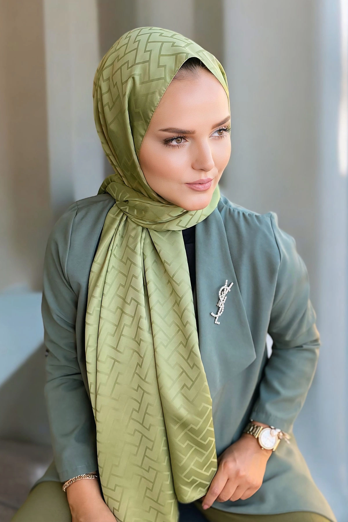 Yağ Yeşili 180x70 Jakar İpeksi Labirent Desen Şal 290787