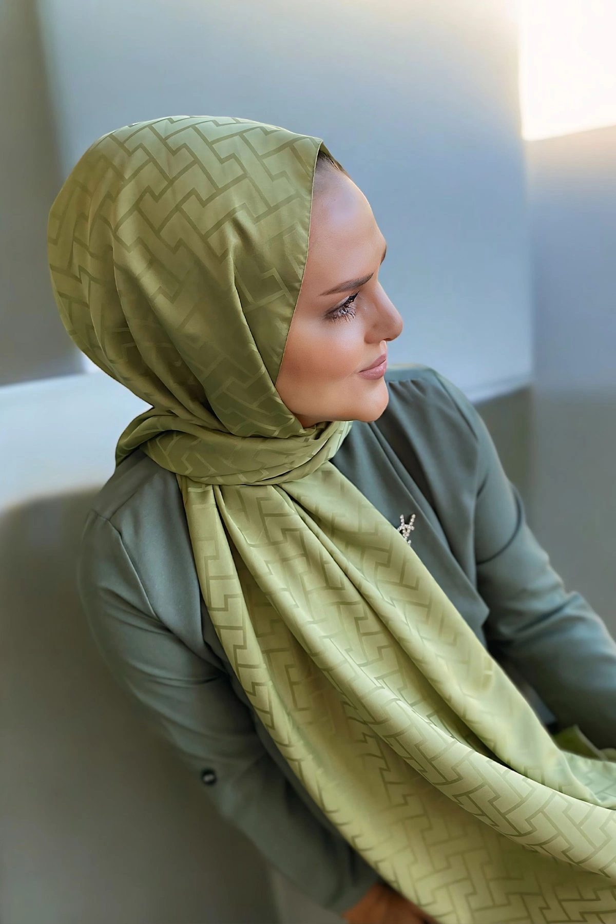 Yağ Yeşili 180x70 Jakar İpeksi Labirent Desen Şal 290787