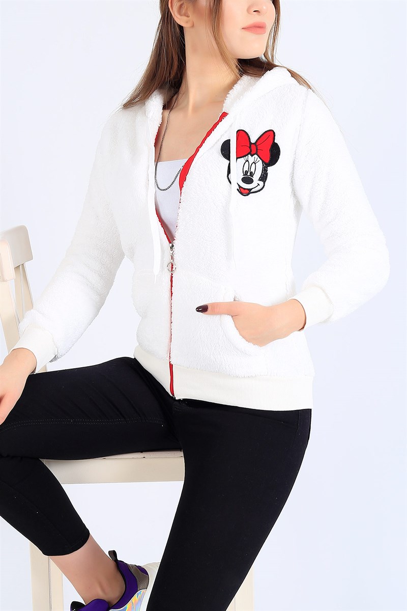 Mickey İşlemeli Beyaz Bayan Peluş Sweat 25473B