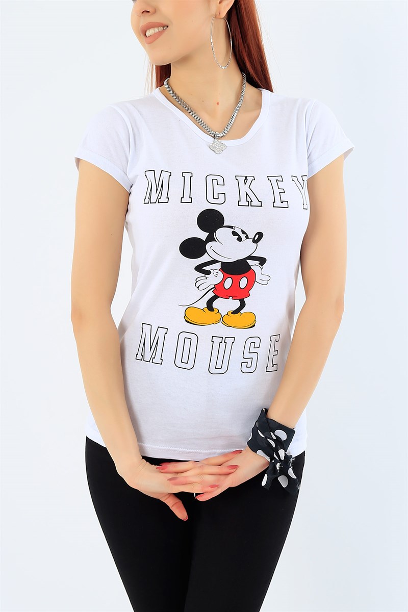 Mickey Baskılı Beyaz Bayan Tişört 31112