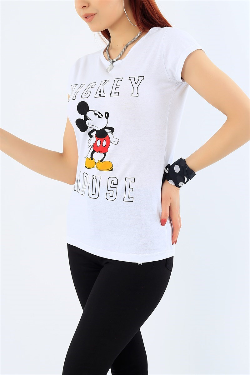 Mickey Baskılı Beyaz Bayan Tişört 31945