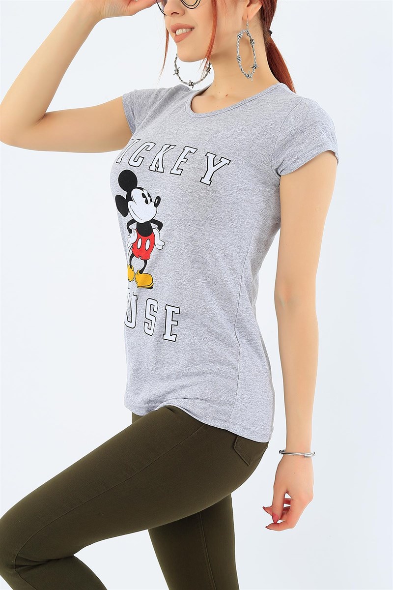 Mickey Baskılı Gri Bayan Tişört 31113
