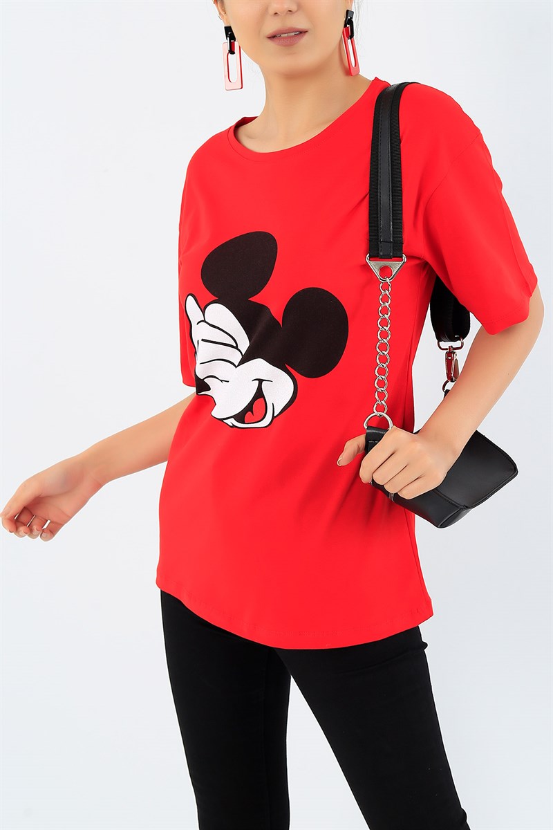 Mickey Baskılı Kırmızı Bayan Tişört 36398
