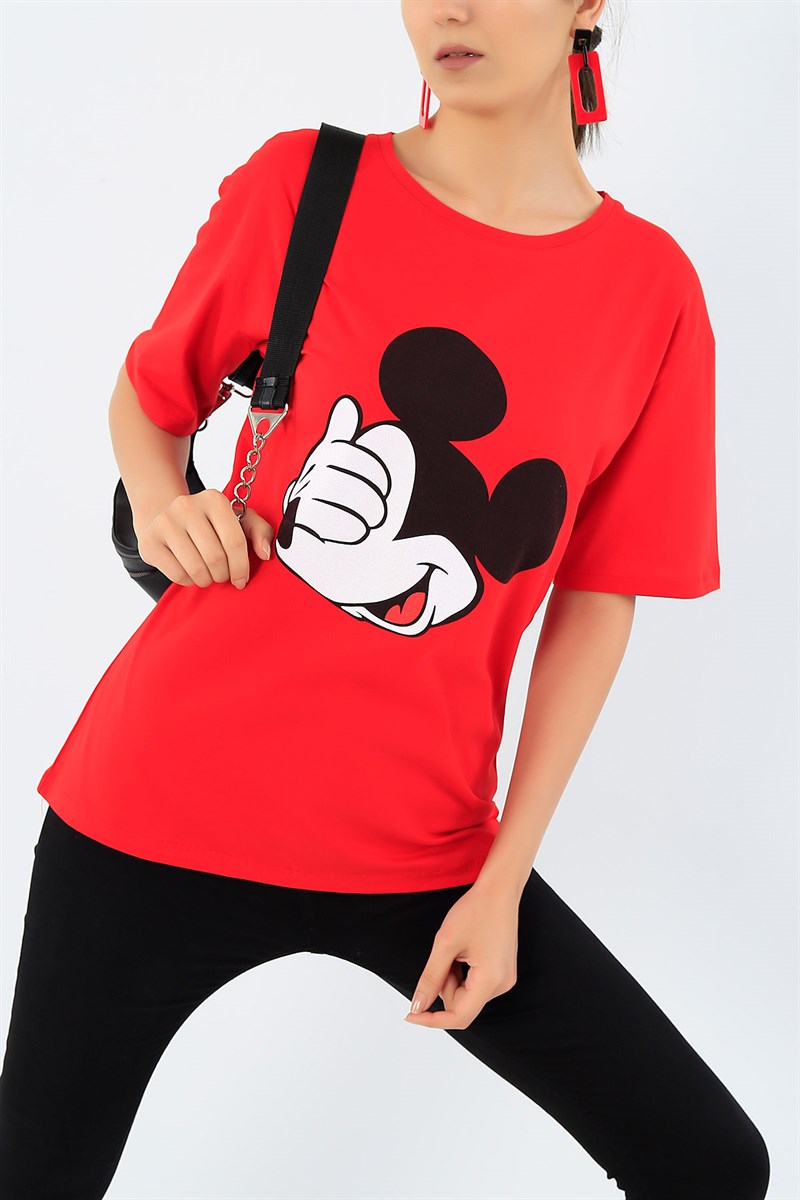 Mickey Baskılı Kırmızı Bayan Tişört 36398