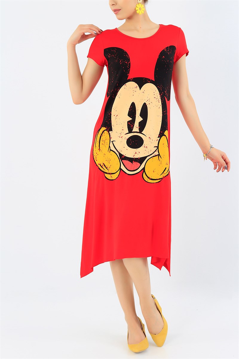 Mickey Baskılı Kırmızı Likralı Elbise 35440
