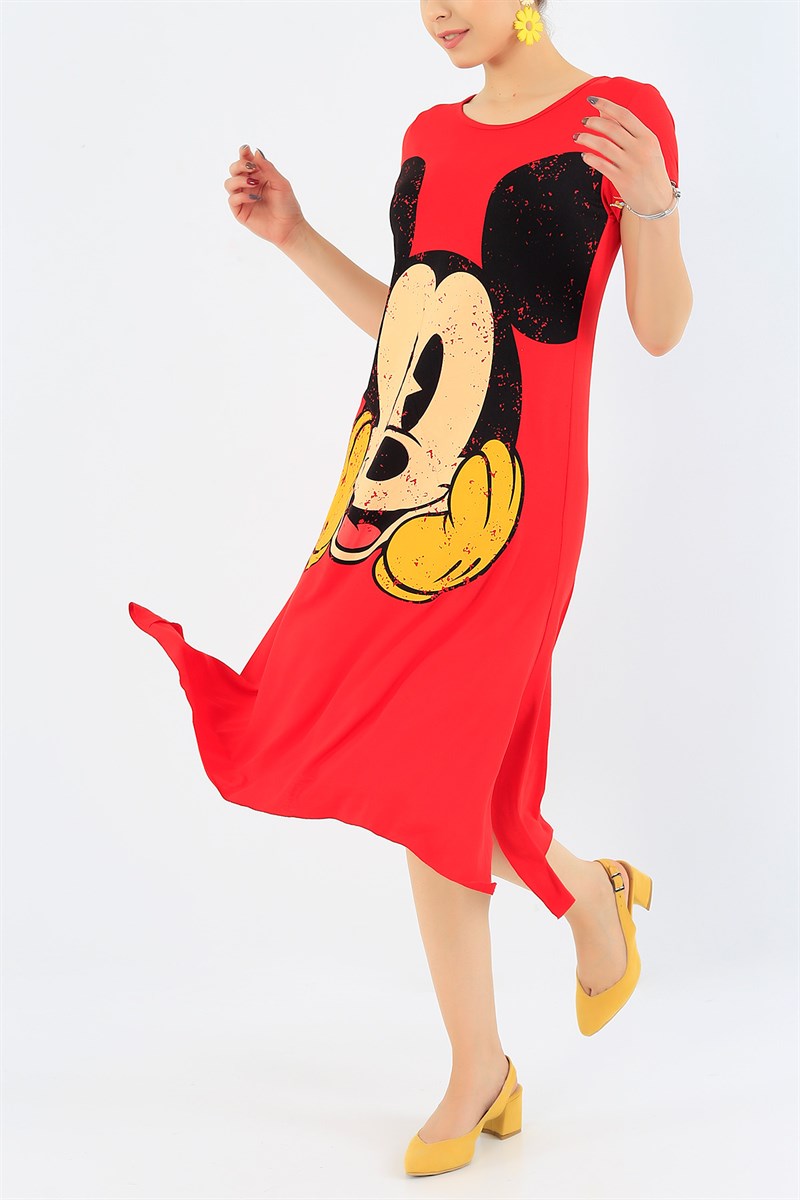 Mickey Baskılı Kırmızı Likralı Elbise 35440