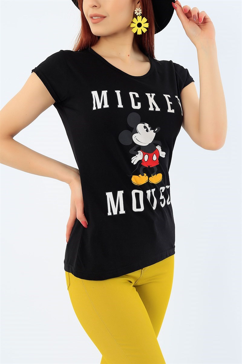 Mickey Baskılı Siyah Bayan Tişört 31944