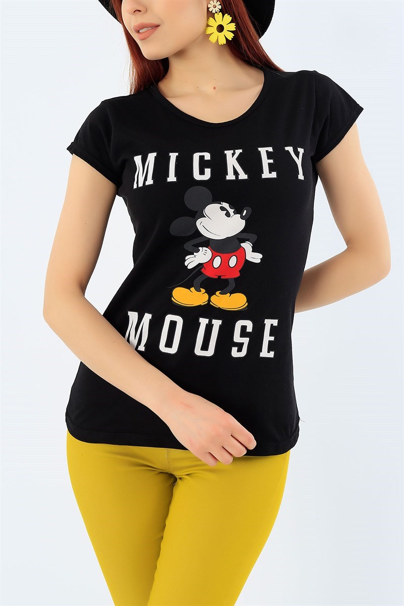 Mickey Baskılı Siyah Bayan Tişört 31944