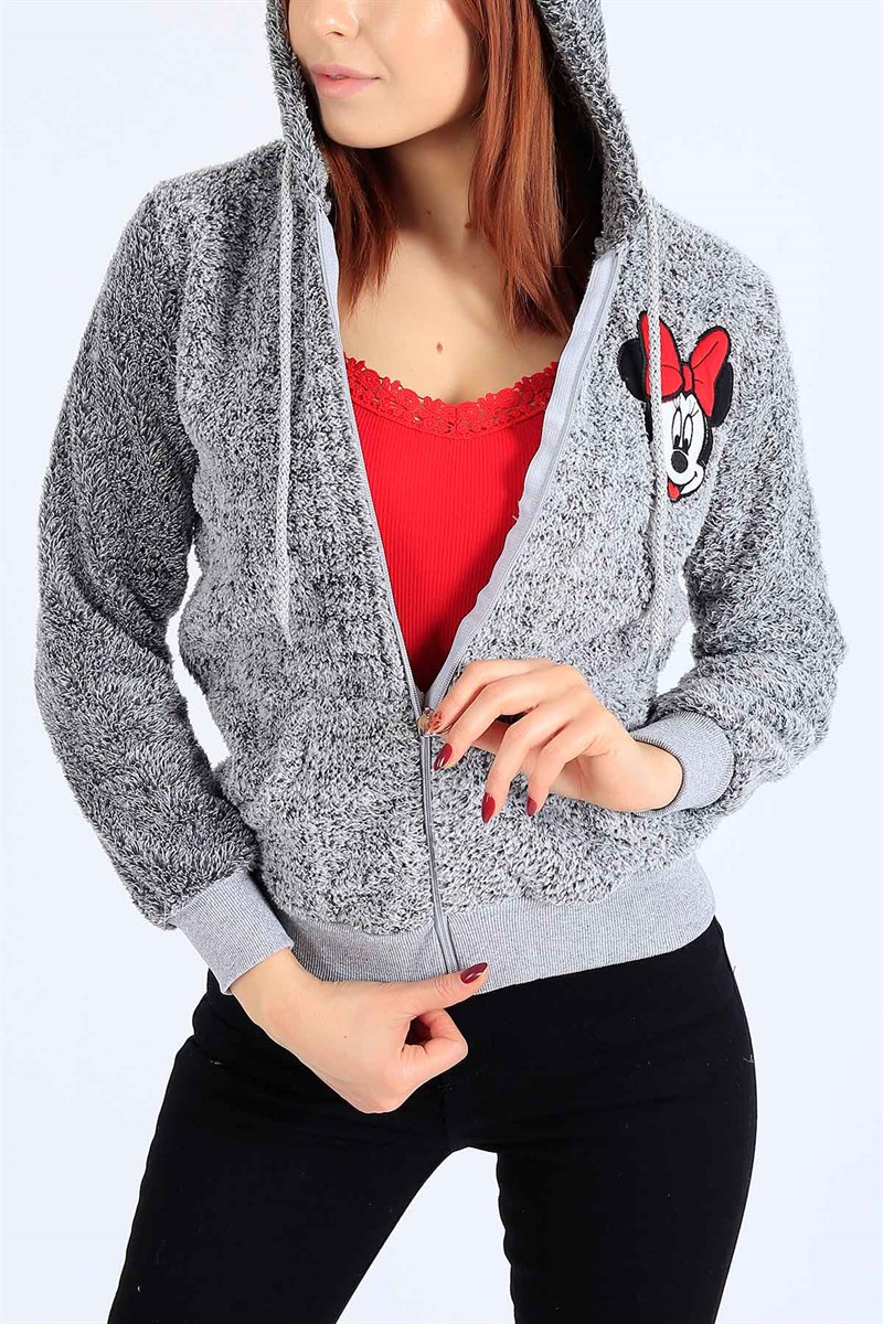 Mickey İşlemeli Gri Bayan Peluş Sweat 25570B