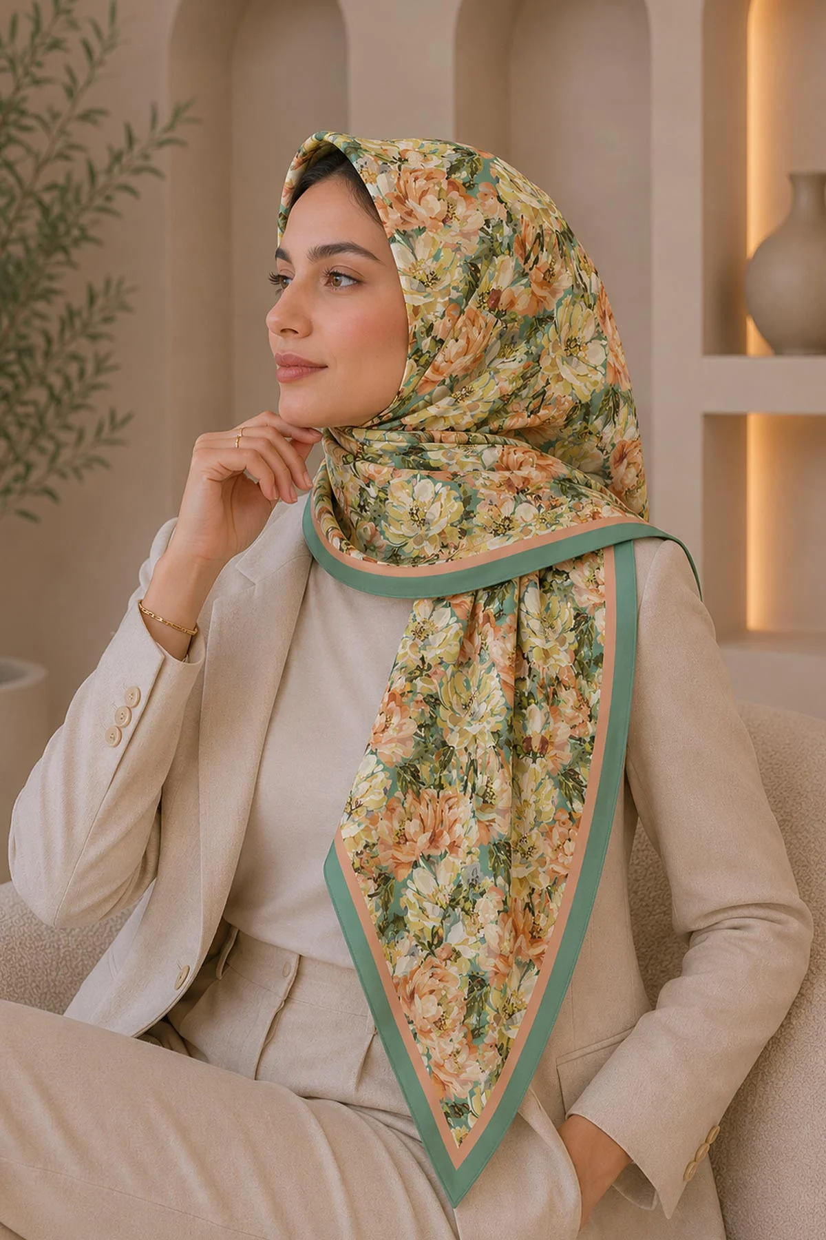 Mint 95x95 Cm Dijital Baskılı Botanik Desen Soft Eşarp 473299