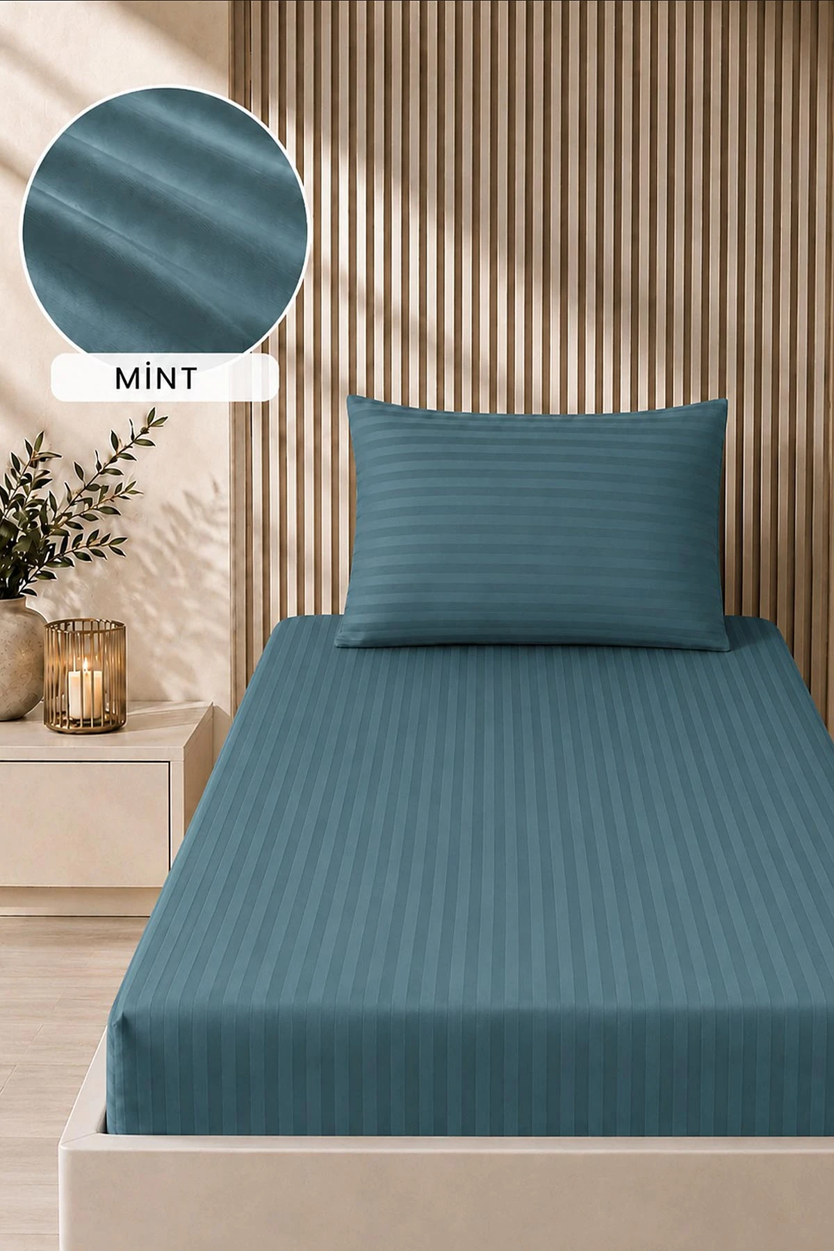 Mint Bella Home 100x200 Cm Tek Kişilik Çizgili Saten Çarşaf Seti 482989