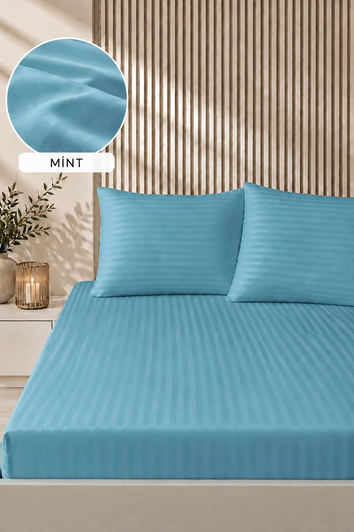 Mint Bella Home 160x200 Cm Çift Kişilik Çizgili Saten Çarşaf Seti 483018