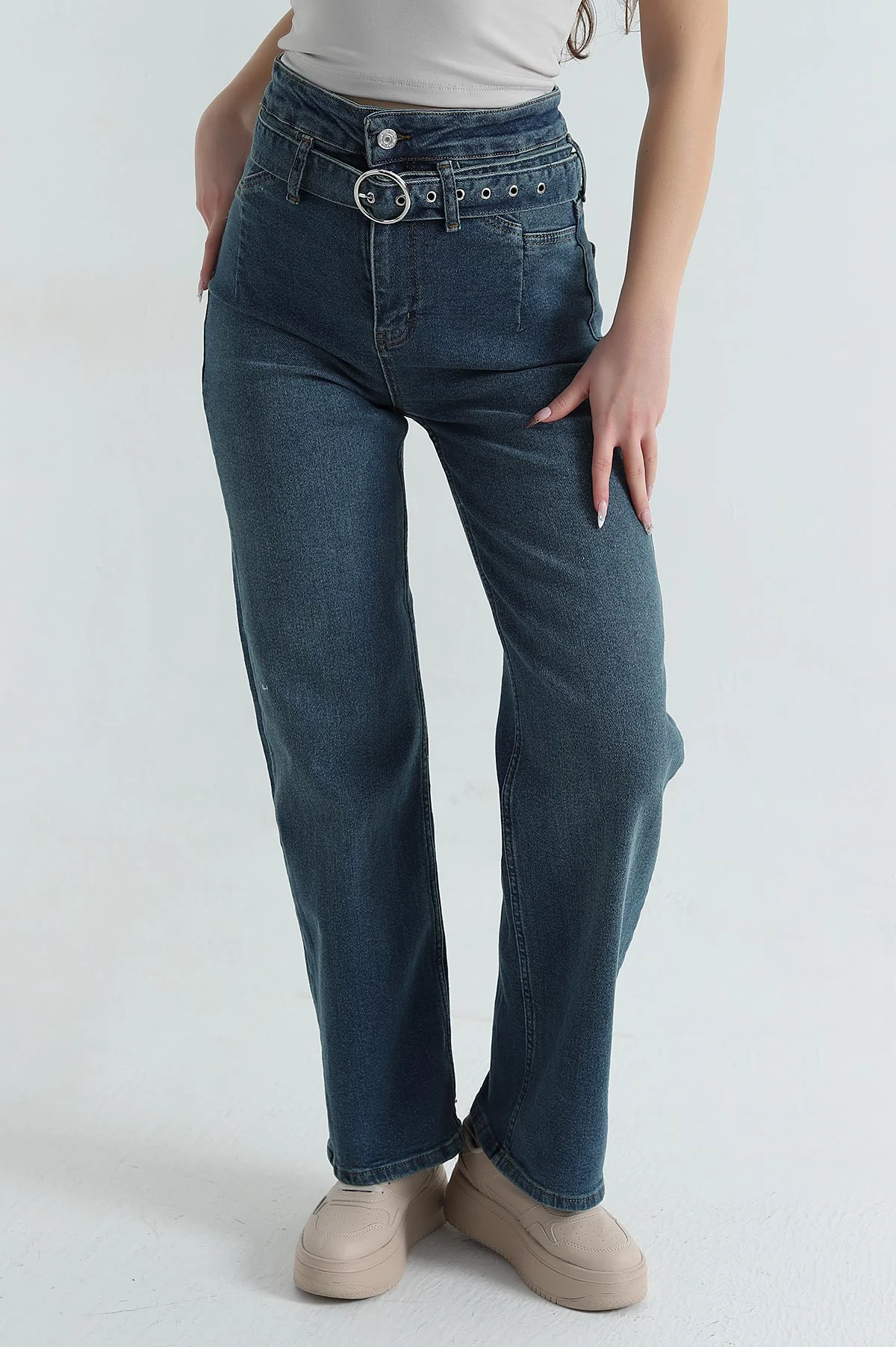 Mint Kemerli Palazzo Kadın Kot Pantolon 411612