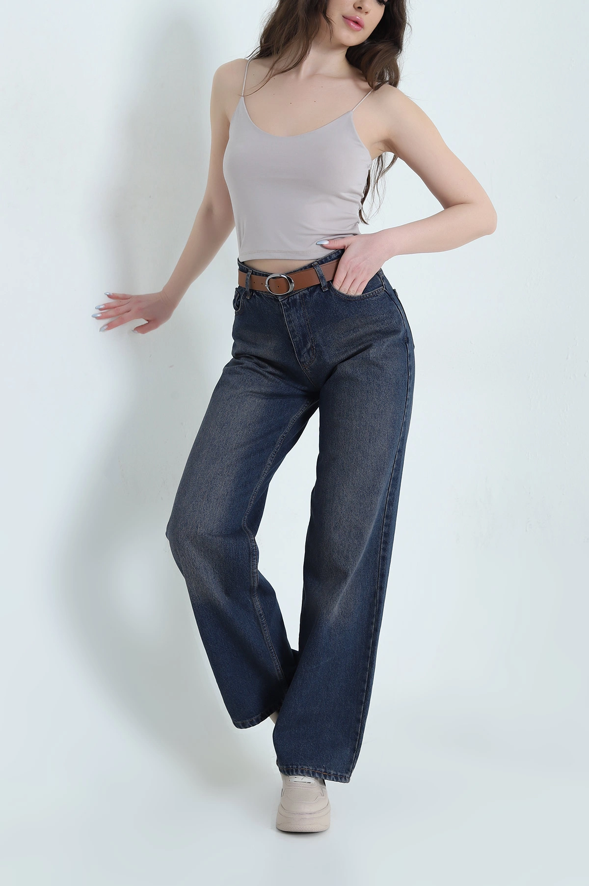 Mint Kemerli Palazzo Kadın Kot Pantolon 449760