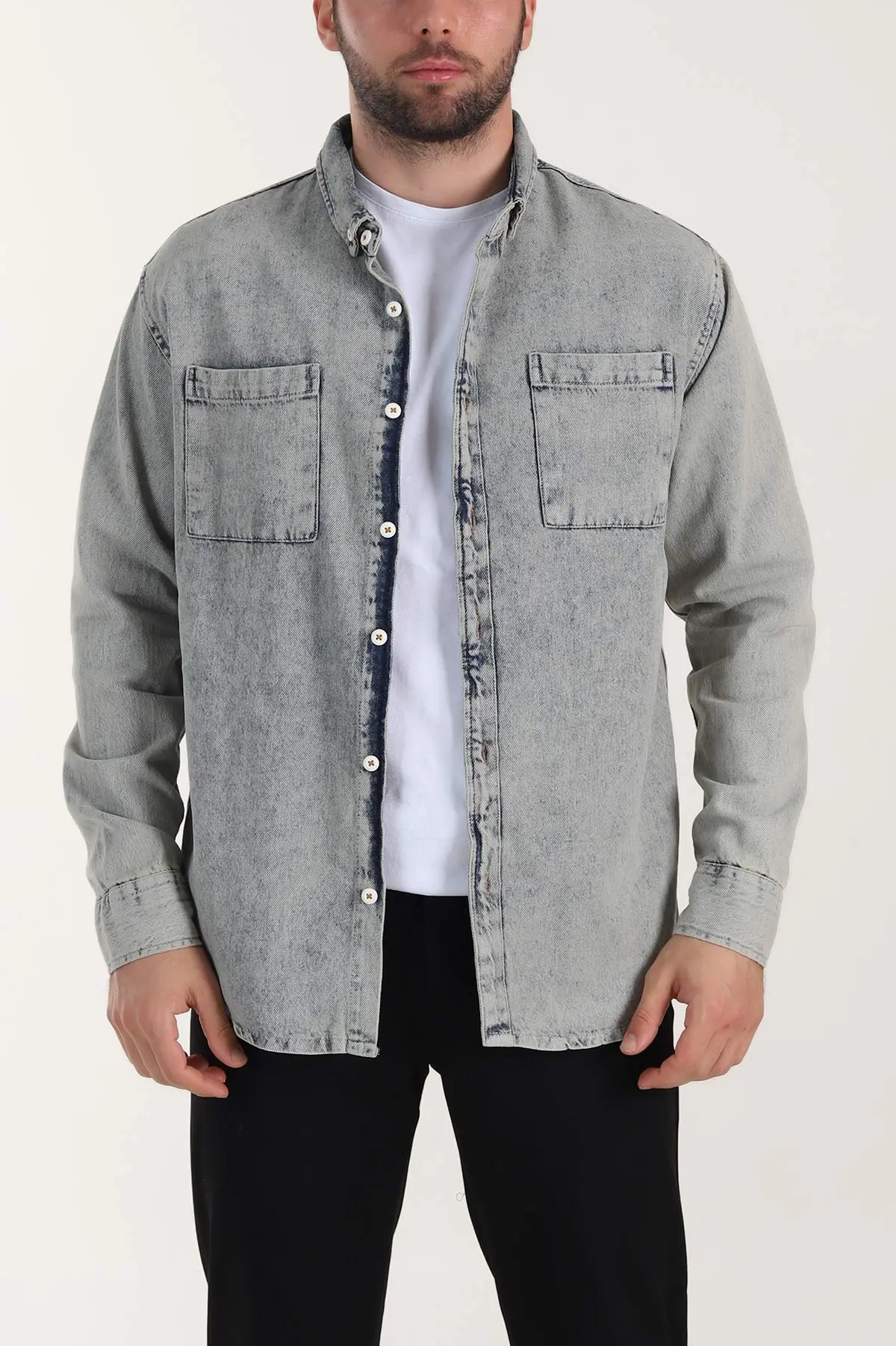 Mint Relaxed Fit Çift Cep Detaylı Erkek Kot Gömlek 409204