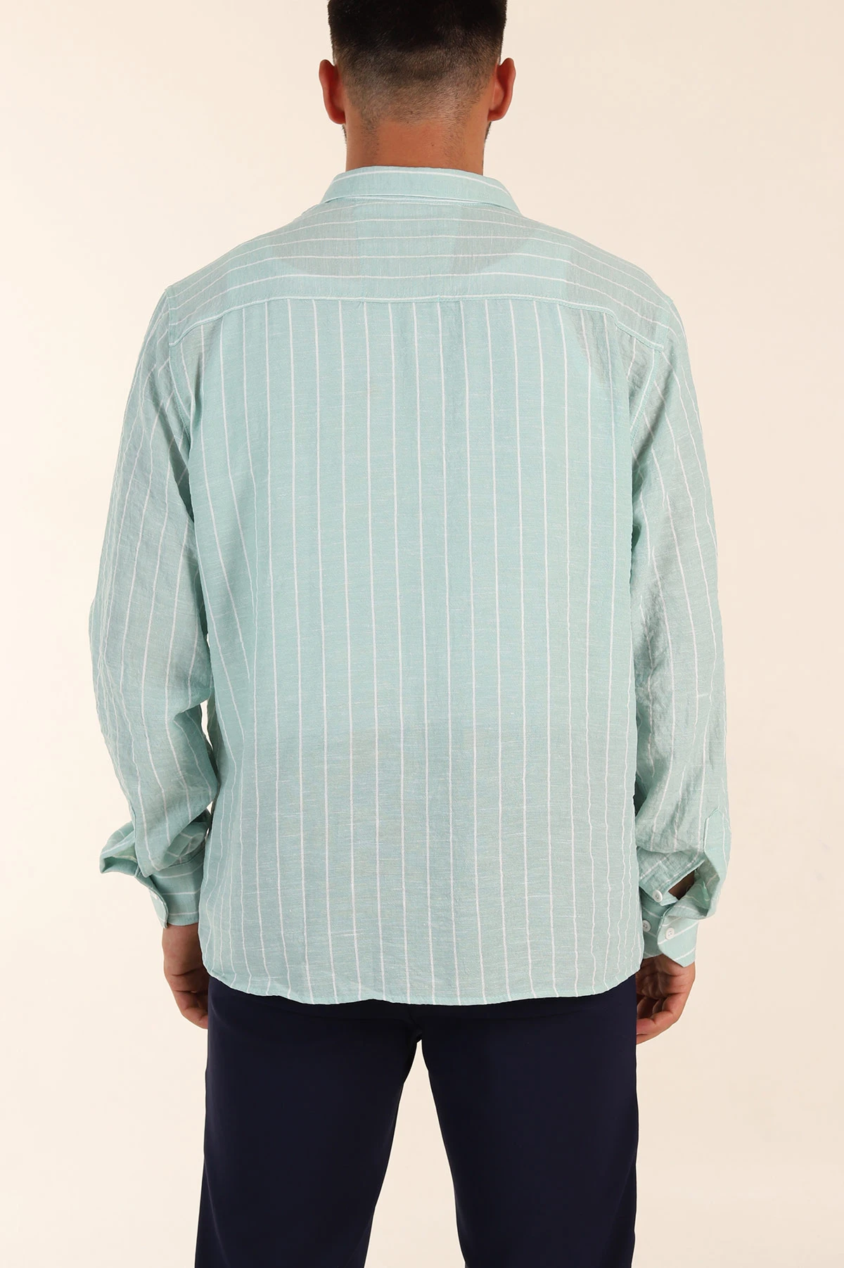 Mint Relaxed Fit Keten Ata Yaka Çizgili Erkek Gömlek 376953