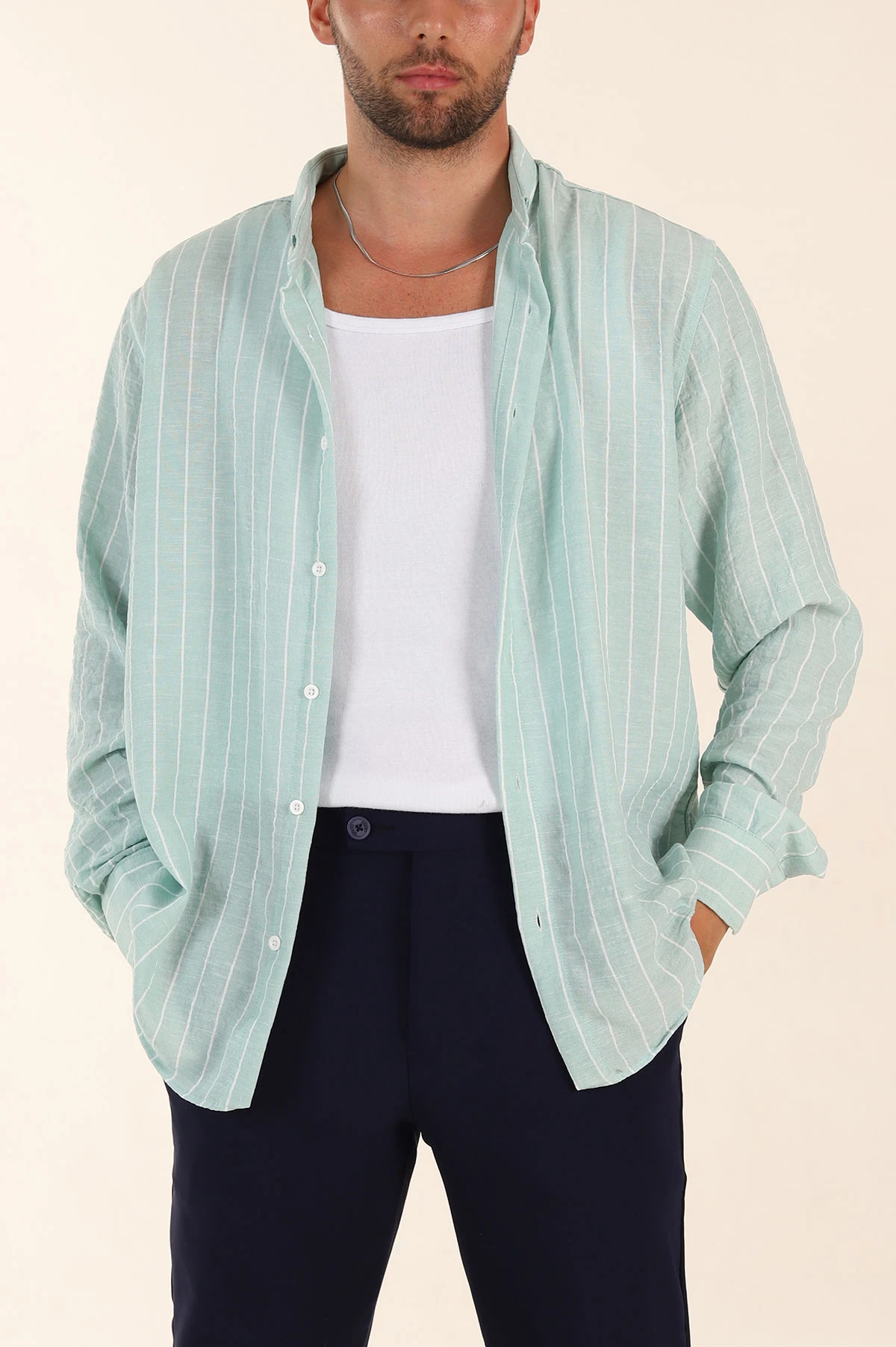 Mint Relaxed Fit Keten Ata Yaka Çizgili Erkek Gömlek 376953