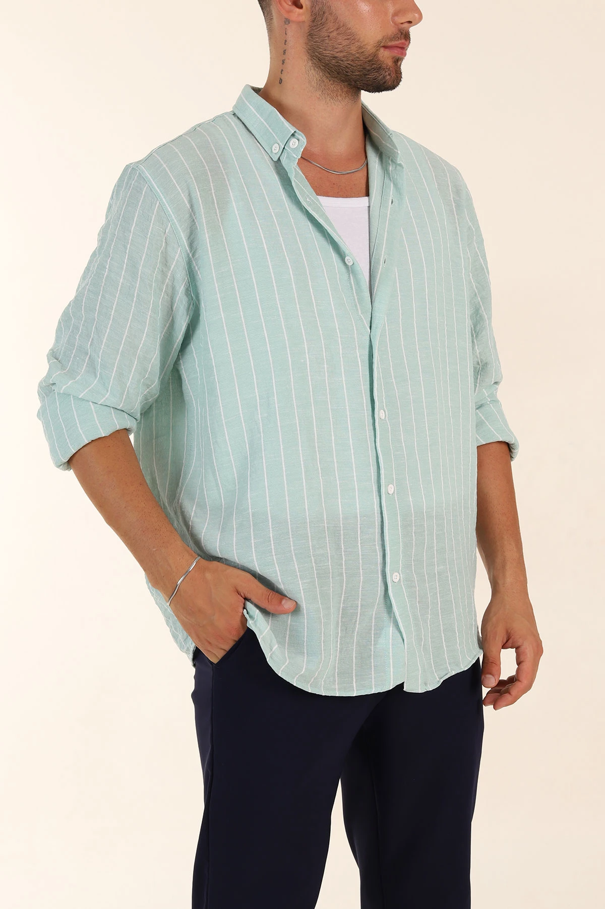 Mint Relaxed Fit Keten Ata Yaka Çizgili Erkek Gömlek 376953