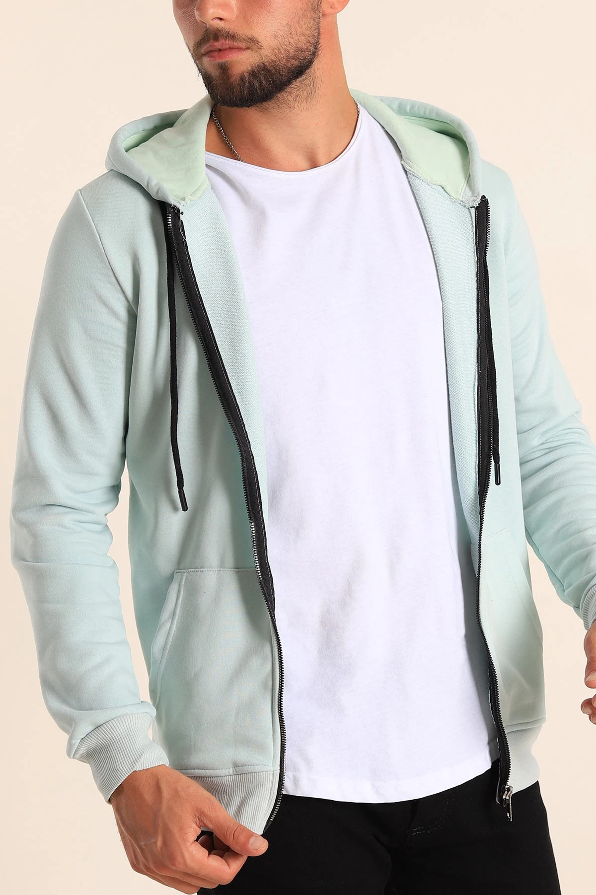 Mint Yeşili Fermuarlı Kapüşonlu Erkek Sweatshirt 236546