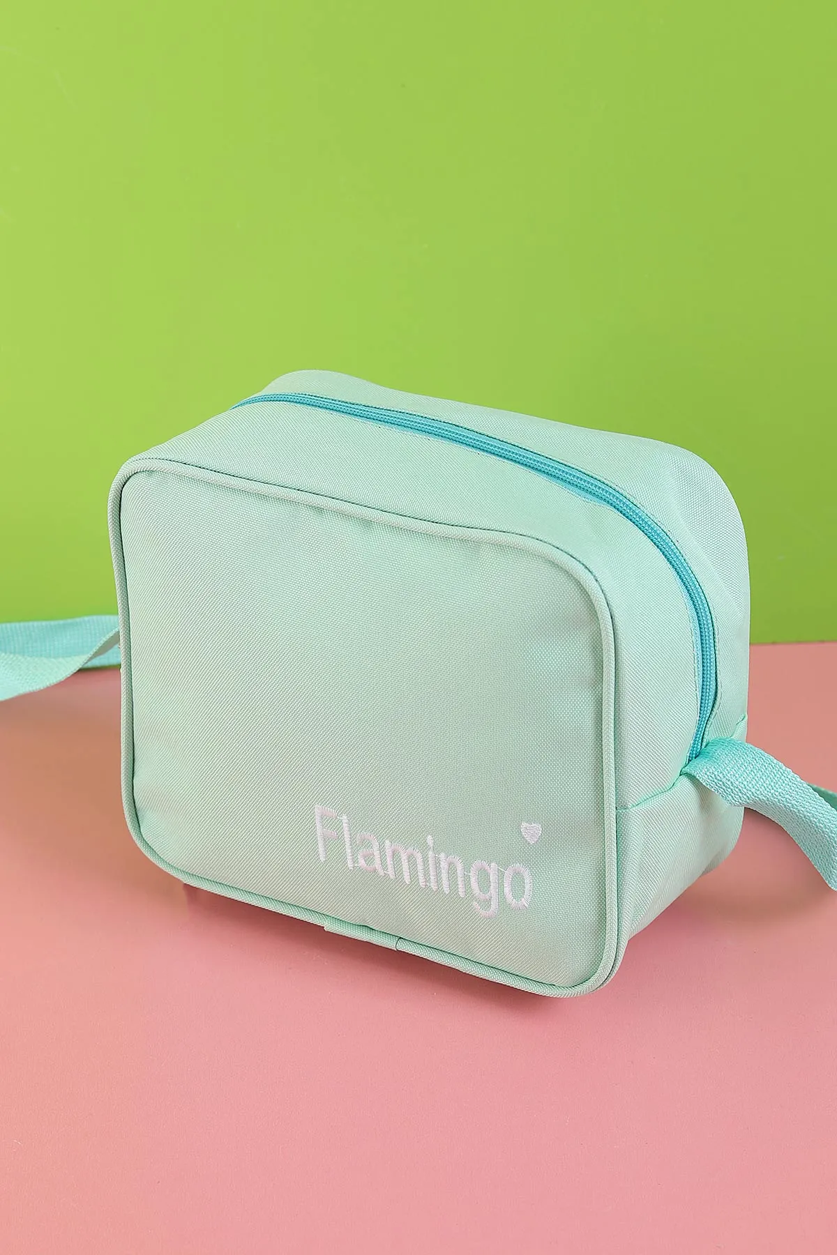 Mint Yeşili Peluş Flamingo Kabartma Desenli Beslenme Çantalı İkili Sırt Çantası Seti 288989