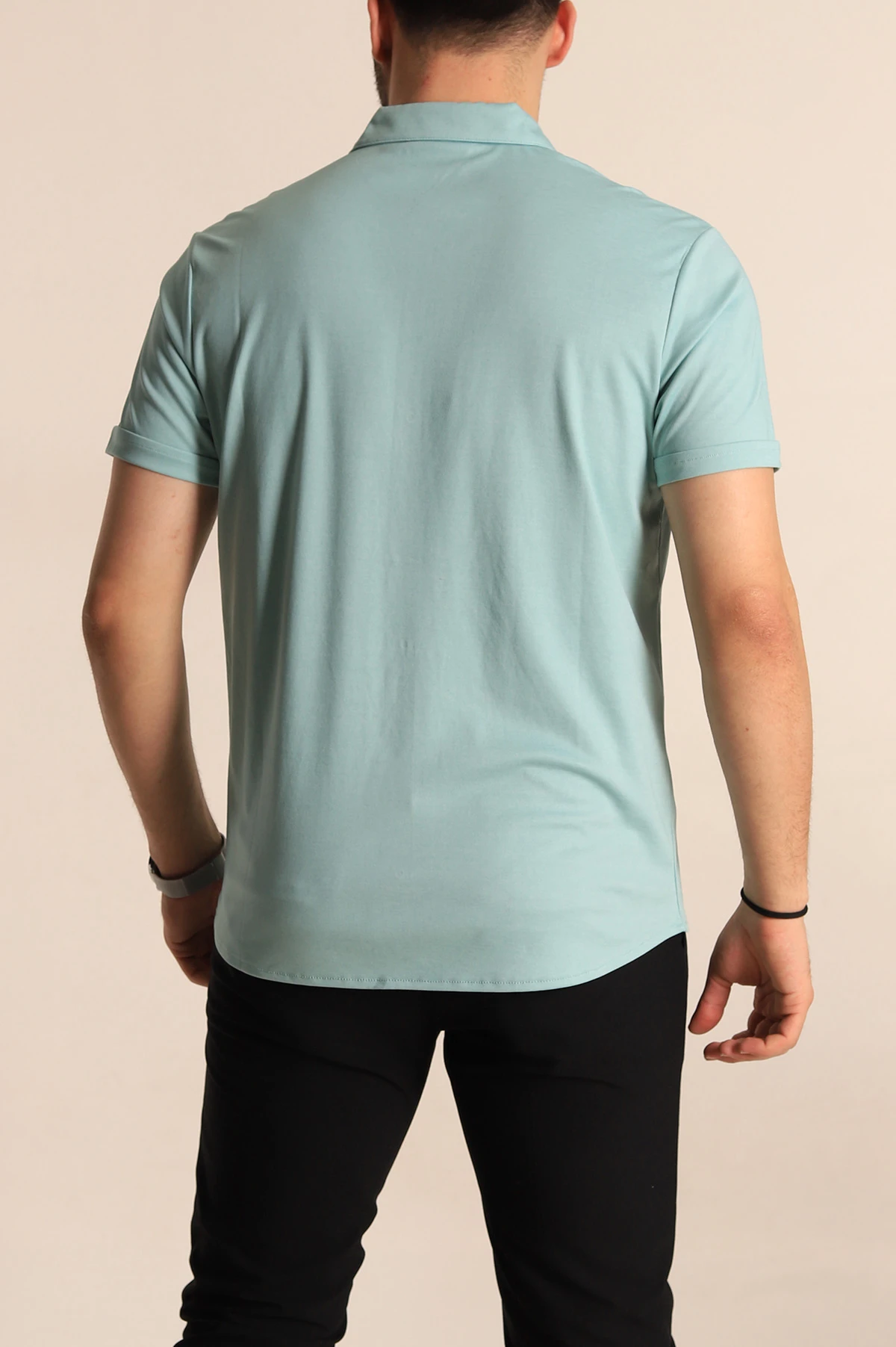 Mint Yeşili Regular Fit Jakarlı Çıt Çıt Düğmeli Kısa Kollu Erkek Gömlek 263722