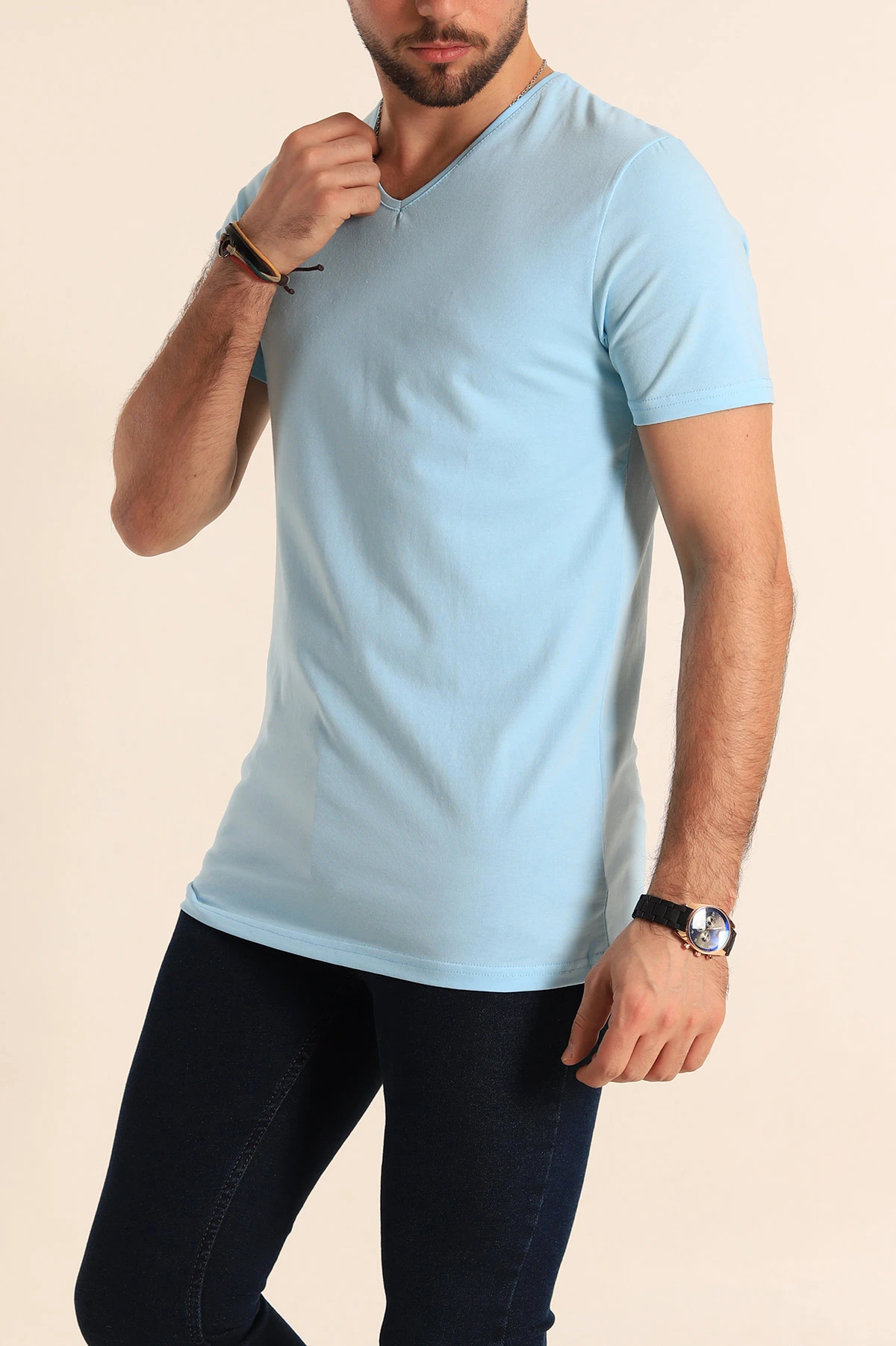 Mint Yeşili V Yaka Basic Erkek Tişört 172985